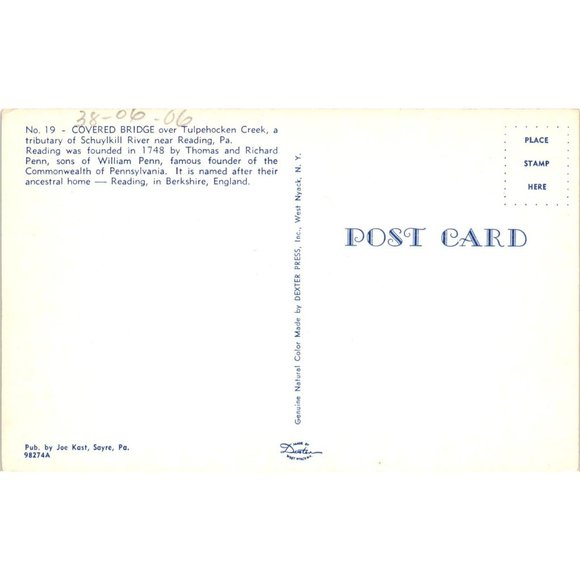 Covered Bridge Telpehocken Creek Schuylkill River Reading Pennsylvania Postcards - Picture 2 of 2